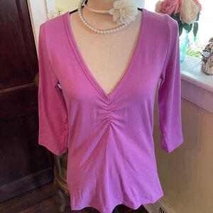 VTG VS Sz L Orchid Double V Ruched 3/4 Sleeve Tee